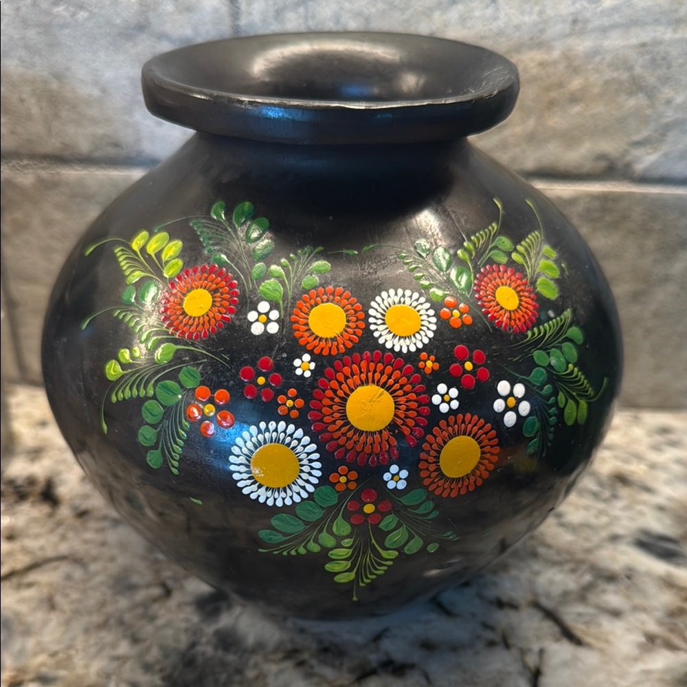 Handcrafted Floral Black Vase painted